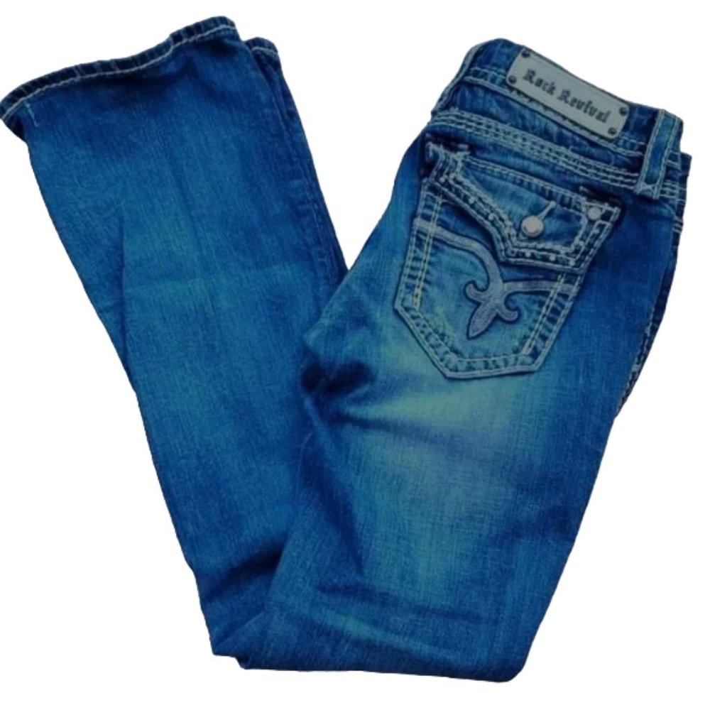 Rock Revival Kai boot cut jeans flap pockets bling crystals 30x31.5 prof hem #11